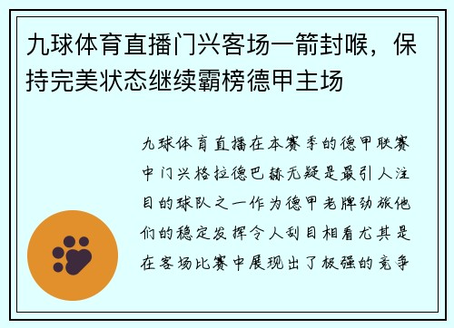 九球体育直播门兴客场一箭封喉，保持完美状态继续霸榜德甲主场