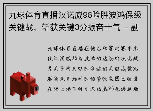 九球体育直播汉诺威96险胜波鸿保级关键战，斩获关键3分振奋士气 - 副本