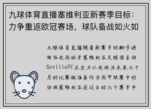 九球体育直播塞维利亚新赛季目标：力争重返欧冠赛场，球队备战如火如荼