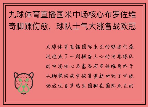 九球体育直播国米中场核心布罗佐维奇脚踝伤愈，球队士气大涨备战欧冠