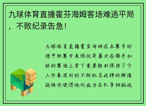 九球体育直播霍芬海姆客场难逃平局，不败纪录告急！